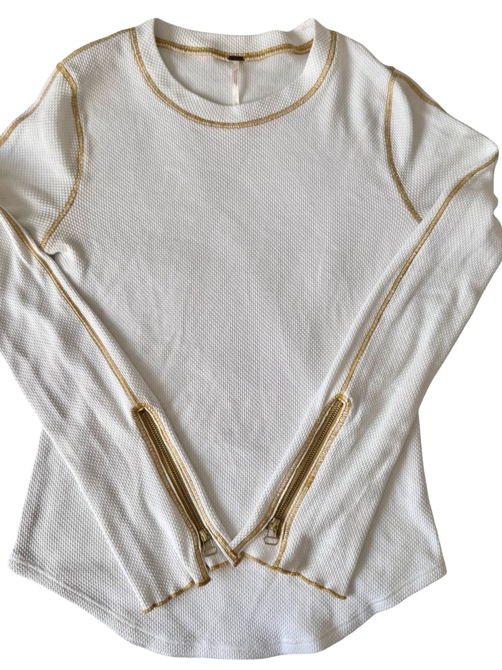 Free People Women’s White Zip It Cuff Waffle Knit Thermal Top Size Large